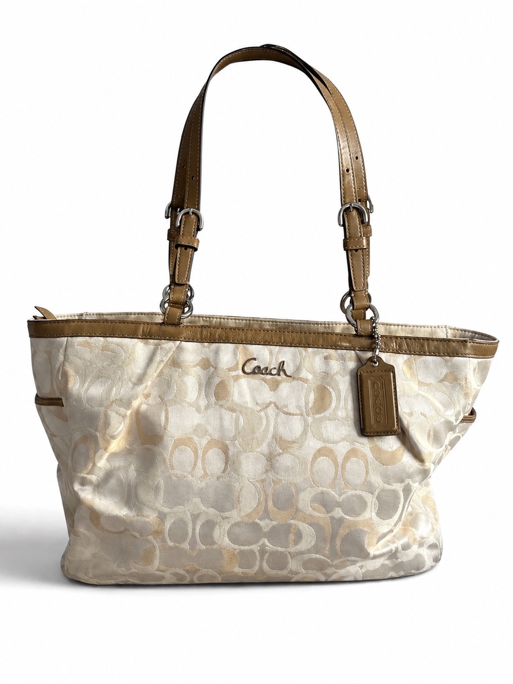 Coach Signature Optic Sateen Tote Bag Ivory Cream Tan Leather Trim Purse F17882